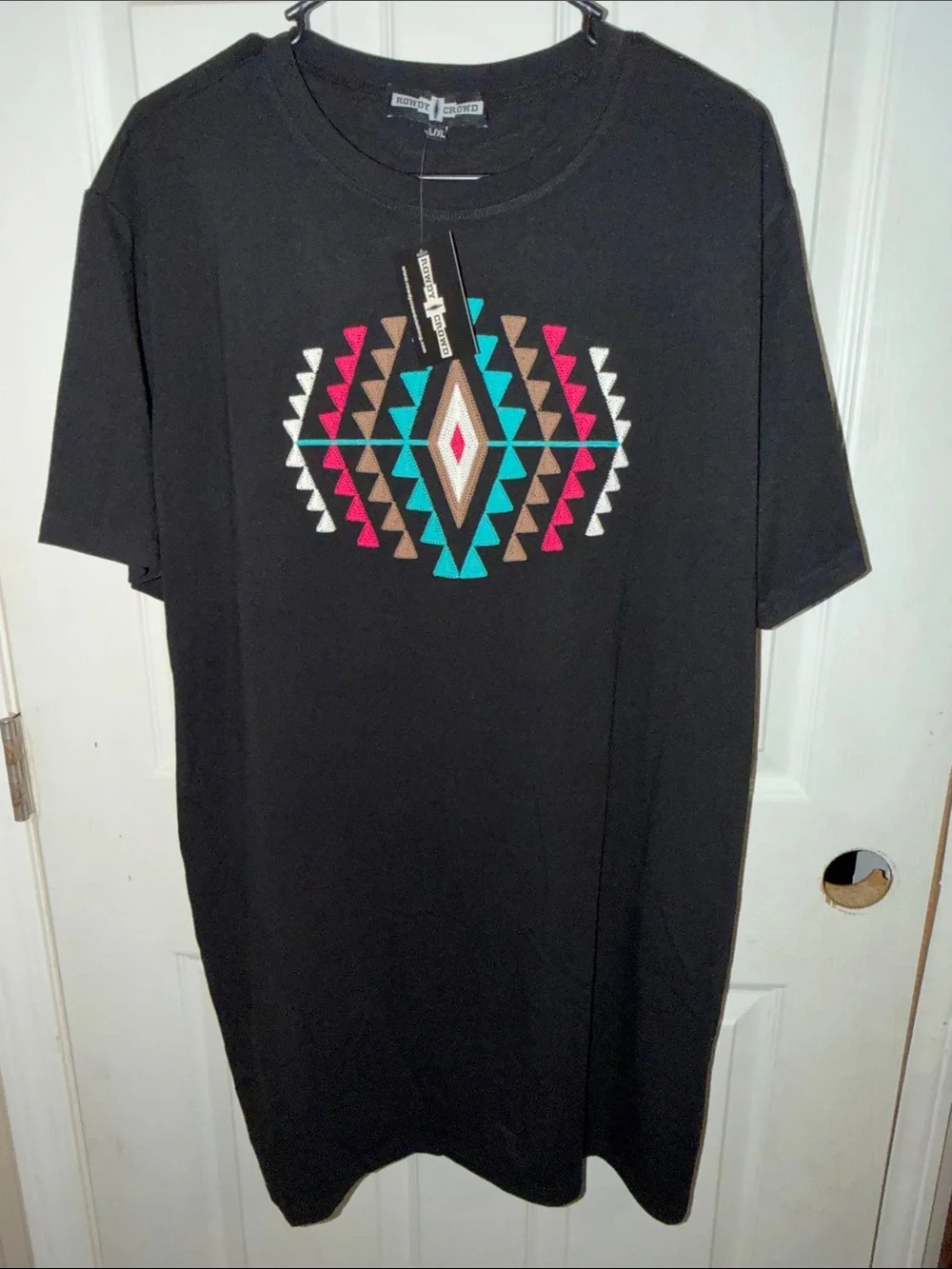 Black Geo-Print Midi Dress with Turquoise & Pink Accent -
